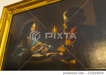 Jesus and Nicodemus discussing scripture at night 132028859