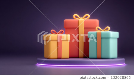 Colorful gift boxes with ribbons on glowing platform, set against dark background, create festive atmosphere 132028865