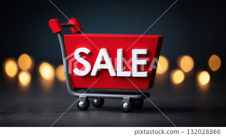Red shopping cart with SALE text on dark background, illuminated by bokeh lights, conveying festive shopping atmosphere Red shopping cart with SALE text on dark background, illuminated by bokeh lights, conveying festive shopping atmosphere 132028866