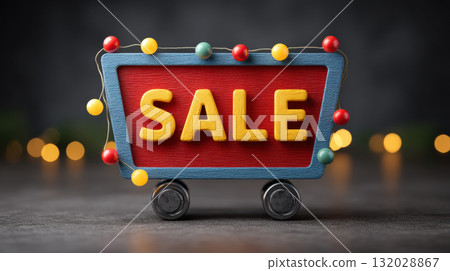 Festive shopping cart with SALE sign and colorful lights, promoting discounts 132028867