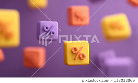 Colorful 3D blocks with percentage symbols float against purple background, creating playful and dynamic scene 132028869