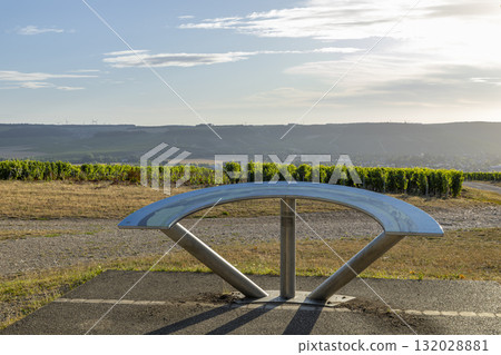Panoramic viewing table overlooking Chablis vineyard landscape 132028881