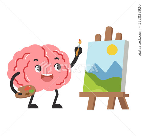 Brain Painting Landscape on Easel Illustration 132028920