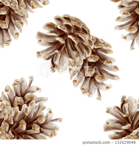 Brown Pine Cones in seamless pattern.Christmas decor in vintage colors for holiday decorations,wrapping paper and textile. Hand drawn watercolor illustrations on white background Brown Pine Cones in seamless pattern.Christmas decor in vintage colors for holiday decorations,wrapping paper and textile. Hand drawn watercolor illustrations on white background 132029046