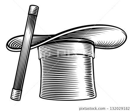 Magician Hat and Wand Woodcut Illustration 132029182
