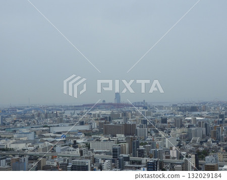 Aerial view of Osaka city with a view of Osaka Bay and Minato Bridge Aerial view of Osaka city with a view of Osaka Bay and Minato Bridge 132029184