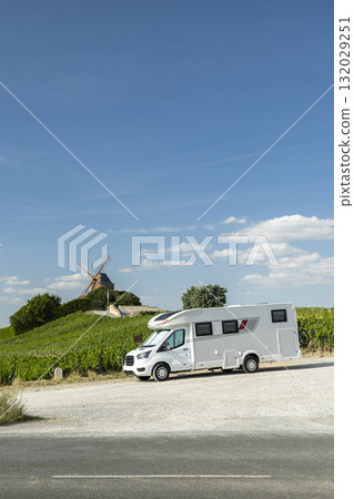 Recreational vehicle parked near Verzenay wind mill and vineyard Recreational vehicle parked near Verzenay wind mill and vineyard 132029251