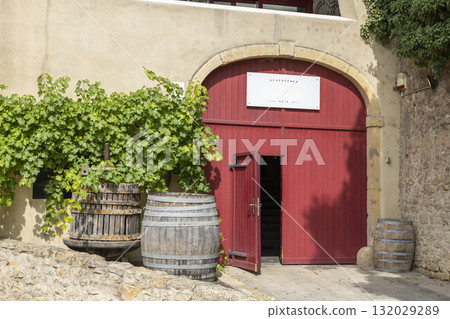 Winery cellar door in SCHENGEN, LUXEMBOURG, with barrels Winery cellar door in SCHENGEN, LUXEMBOURG, with barrels 132029289