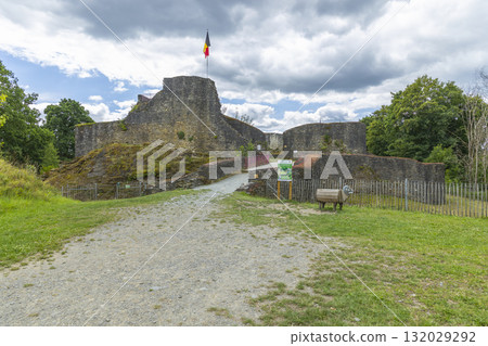 Herbeumont castle ruins featuring Belgian flag flying Herbeumont castle ruins featuring Belgian flag flying 132029292