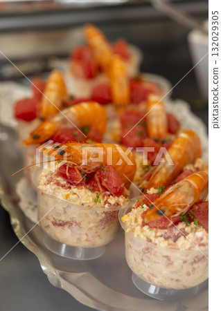 Shrimp and grapefruit salad individual appetizer cups 132029305