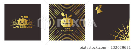 Halloween minimal square golden and black vector poster set, creative modern graphic design with golden pumpkins, ghosts, and spiderwebs, stylish template for social media, party invitation, banner 132029651