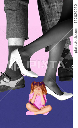 Abstract artwork. Crying girl sitting on floor surrounded by walking legs showing adult indifference 132029950