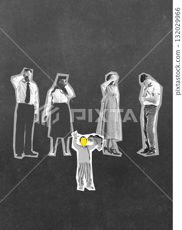 Digital artwork. Little child raising hands among adults hiding faces expressing despair and shame 132029966