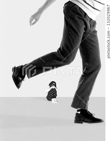 Monochrome collage. Crying child sitting on floor as adult walks away symbolizing neglect Monochrome collage. Crying child sitting on floor as adult walks away symbolizing neglect 132029967