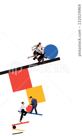 Bold colorful poster. Business teamwork balancing geometric shapes in vertical composition symbolizing progress Bold colorful poster. Business teamwork balancing geometric shapes in vertical composition symbolizing progress 132029969