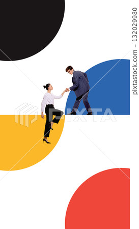 Surreal collage art. Businessman helping colleague climb across colorful abstract shapes symbolizing support Surreal collage art. Businessman helping colleague climb across colorful abstract shapes symbolizing support 132029980