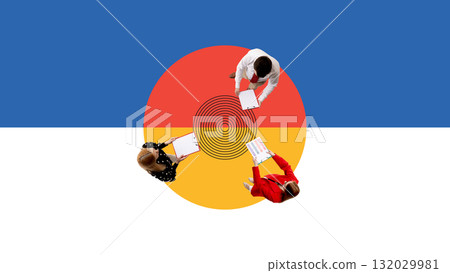 Creative collage. Top view of business team discussing data over abstract geometric circle Creative collage. Top view of business team discussing data over abstract geometric circle 132029981