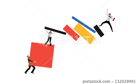 Dynamic teamwork collage with geometric blocks representing innovation and balance Dynamic teamwork collage with geometric blocks representing innovation and balance 132029991