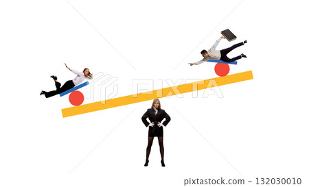 Creative business balance collage with managers on abstract seesaw composition 132030010