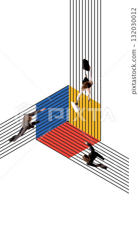 Bold poster. Business people moving through abstract geometric space 132030012