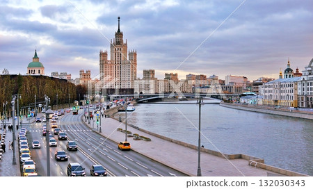 Stalin's iconic skyscraper, located on the banks of the Moskva River in Moscow. 132030343