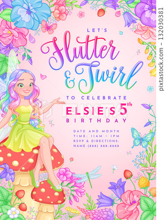 Birthday party invitation with a cute fairy. Vector template on a pink background. Birthday party invitation with a cute fairy. Vector template on a pink background. 132030381