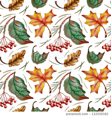 Mushrooms,maple,oak and viburnum foliage,berries,wheat sprigs and pine needles in a autumn seamless pattern.Hand drawn wildlife illustration for decorating cards isolated on transparent background Mushrooms,maple,oak and viburnum foliage,berries,wheat sprigs and pine needles in a autumn seamless pattern.Hand drawn wildlife illustration for decorating cards isolated on transparent background 132030382