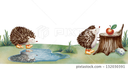 Cute forest hedgehog in a seamless border,admiring its reflection,reaching for an apple on a stump in an autumn meadow.Hand drawn illustrations in watercolor and colored pencils,in childlike style Cute forest hedgehog in a seamless border,admiring its reflection,reaching for an apple on a stump in an autumn meadow.Hand drawn illustrations in watercolor and colored pencils,in childlike style 132030391