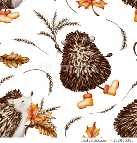 Forest character,a hedgehog,in a cute childrens style on seamless autumn pattern,wearing yellow rubber boots and holding a bouquet of wheat spikes,oak,maple leaves.Watercolor and colored pencils style 132030393