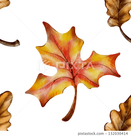 Seamless autumn pattern of maple and oak leaves,symbolizing leaf fall,harvest,and the withering of nature.Hand drawn watercolor and colored pencils illustrations Seamless autumn pattern of maple and oak leaves,symbolizing leaf fall,harvest,and the withering of nature.Hand drawn watercolor and colored pencils illustrations 132030414