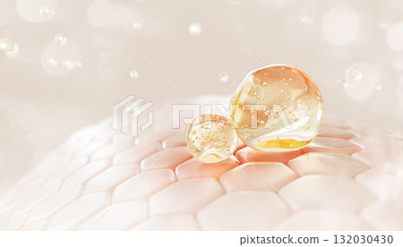 Skin cells with red patch and argan oil drops texture. Epidermis layer with gold liquid serum droplets, collagen gel with bubbles, yellow honey face mask. Cosmetic skincare background. 3D illustration 132030430