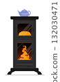 Old fashioned black wood stove with burning fire and oven with loaf of bread inside, topped with a blue teapot. Alternative energy in an extreme energetical situation. 132030471