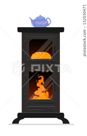 Old fashioned black wood stove with burning fire and oven with loaf of bread inside, topped with a blue teapot. Alternative energy in an extreme energetical situation. Old fashioned black wood stove with burning fire and oven with loaf of bread inside, topped with a blue teapot. Alternative energy in an extreme energetical situation. 132030471
