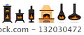 Set of modern and classic wood stoves and fireplaces with burning fire. Good for home heating energy comfort winter or interior design. Collection of wood burning stoves in flat rector style 132030472