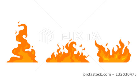 Fire flames vector set. Collection of bright orange cartoon fire flames in different shapes of burning fire. Ideal for fireplaces, heat energy or hot temperature concepts. 132030473
