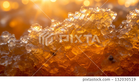 An extreme macro close-up photograph showcasing the complex crystallized texture of honey, illuminated by warm, intense golden hour light.  132030519