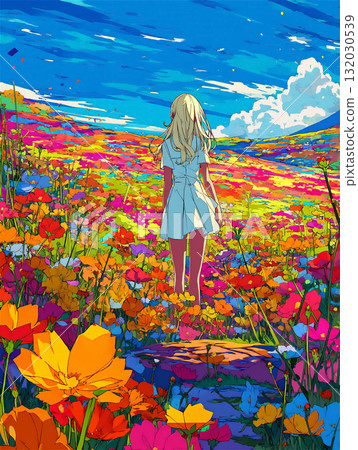 Animated scenery of a girl walking through a colorful flower field 132030539