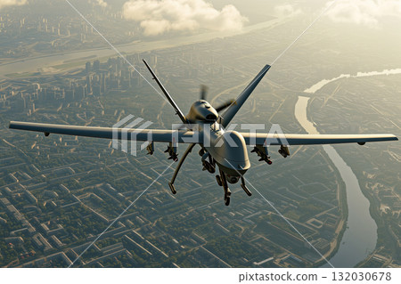 During mission over an urban area, an automated army combat drone can be seen in flight AI Generation 132030678