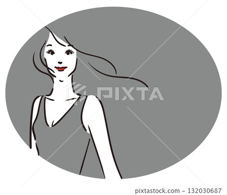 Oval gray background, long hair, gray dress, woman upper body 132030687