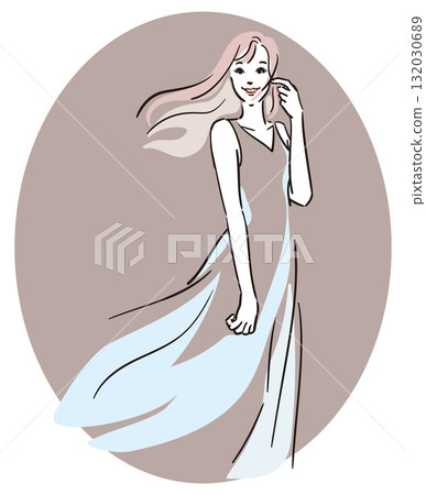 Oval dull pink background, long hair, woman in blue dress 132030689