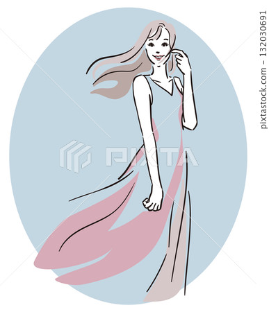 橢圓形暗藍色背景，長髮，穿著粉紅色洋裝的女人 132030691