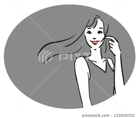 Oval gray background, long hair, gray dress, woman upper body 132030702