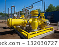 Distribution gas transport compressor for pumping natural gas is installed on yellow gas pipeline AI Generation 132030727