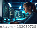 Programmer girl is engaged in writing data codes working at data center that develops software AI Generation 132030728