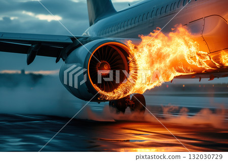 During an emergency landing, plane's engine started burning due to damage AI Generation 132030729