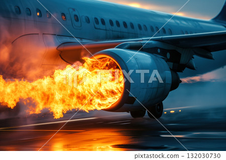 During emergency landing, an aircraft with a damaged engine started burning on runway AI Generation During emergency landing, an aircraft with a damaged engine started burning on runway AI Generation 132030730