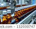 On an automatic conveyor line, there is pharmaceutical manufacturer with glass bottles filled with liquid AI Generation 132030747