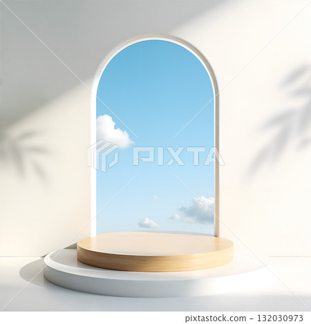 Gate, blue sky, white clouds, wood head round product display stand, shopping festival, product delivery link, wide announcement declaration material sheet Gate, blue sky, white clouds, wood head round product display stand, shopping festival, product delivery link, wide announcement declaration material sheet 132030973