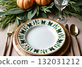 Boho wedding dinner reception table set up. Top view, eucalyptus, gold and blue decoration, wooden background 132031212