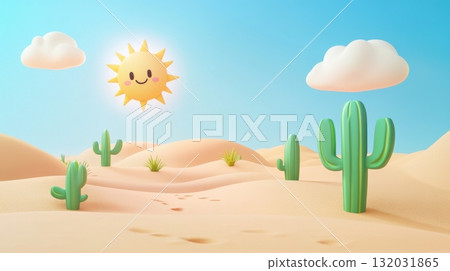 Cartoon desert with soft sand dunes and smiling cacti under a bright, friendly sun Cartoon desert with soft sand dunes and smiling cacti under a bright, friendly sun 132031865
